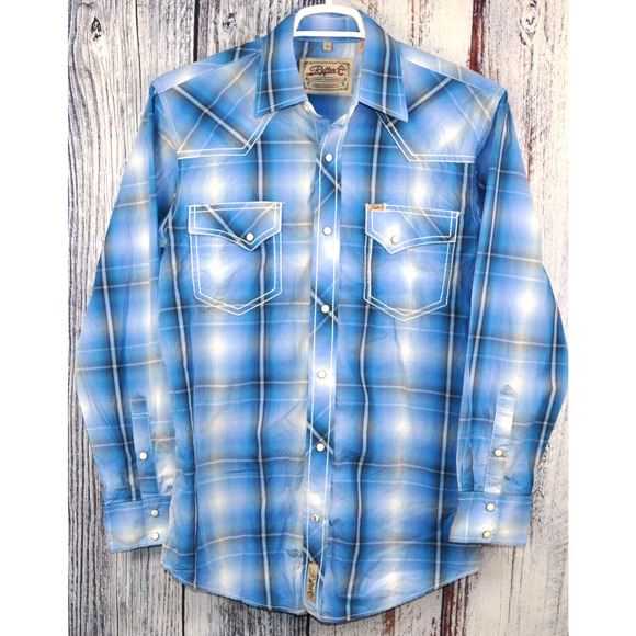 Rafter-C Cowboy Collection Western Pearl Snap Men's Button Shirt Med Blue Plaid - Picture 1 of 6